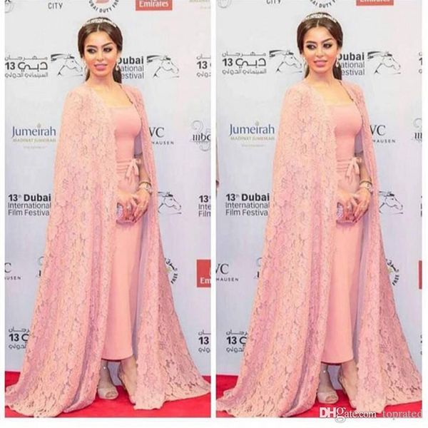 

pink long evening dresses with cape lace half sleeves boat neck sweep train 2020 arabic women formal celebrity gowns mother of the bride, Black;red