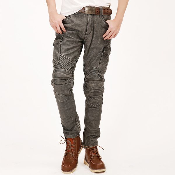 

2020 vintage grey men american casual style motorcycle leather trousers plus size 4xl genuine thick cowhide pants ing, Black