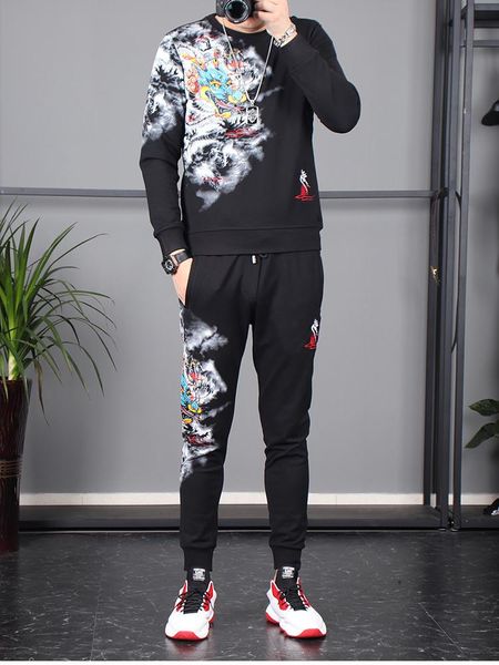 

2019spring new trend of the youth suit male fashion printing fat plus size casual two-piece men's long sleeve tracksuits trousers size, Gray