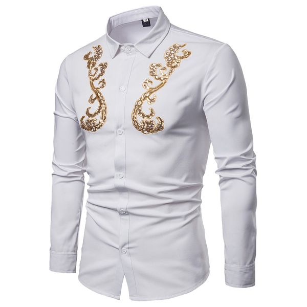 

men's spring casual slim fit shirts printed long sleeve button bordado de la camisa shirt blouse camisa social masculina, White;black