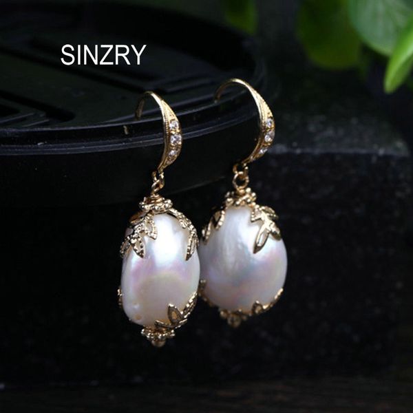 

sinzry natural freshwater pearl vintage drop earrings silver needle elegant lady original creative earring sh190721, Golden;silver