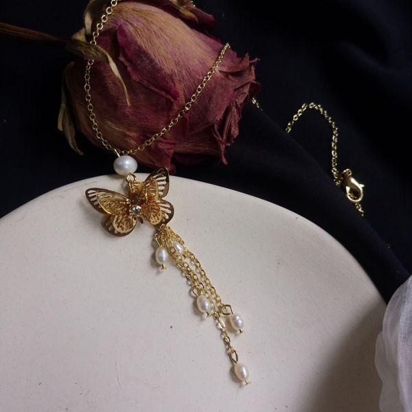 

korean new retro design gold color butterfly pearl tassel pendant neck chain choker necklace for women hypoallergenic jewelry, Silver