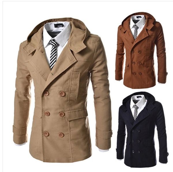 

men fashion double breasted hooded woolen coat jacket blends men casual slim woolen coat jacket, Black