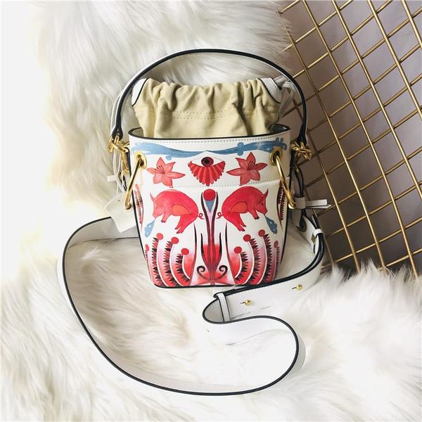

elegant2019 embroidery leather genuine bucket single shoulder span piggy portable woman package