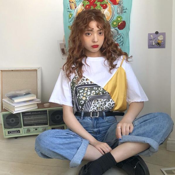 

summer new korean fake two piece loose short-sleeved t-shirts women, White
