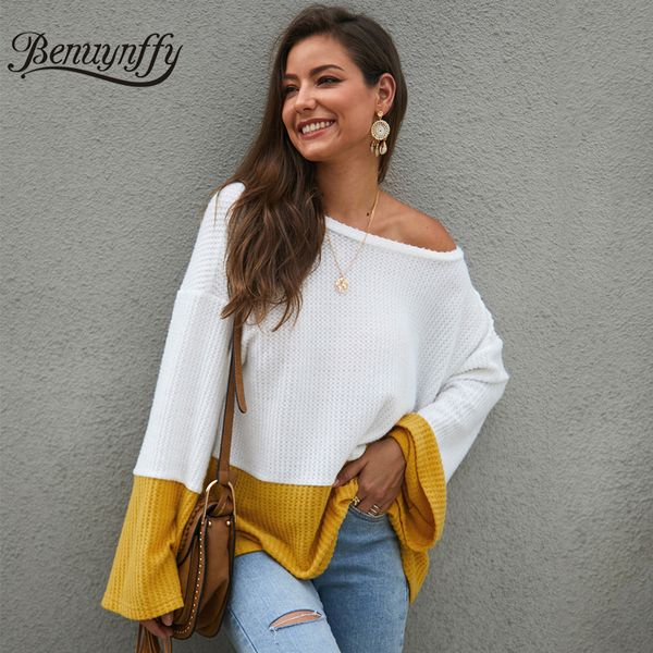 

benuynffy big o-neck flare sleeve knitted sweater women autumn winter color block loose pullover female casual jumpers, White;black
