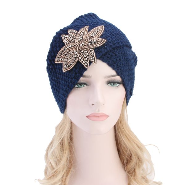 

new women's knitted beanie headband crochet headwrap beaded flower winter warm knit turban for ladies hijab women turbante