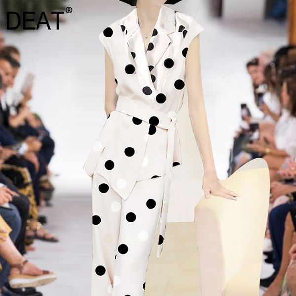 

deat 2020 turn-down colalr sleeveless polka dots printed vest jacket waist belt and high full length pants office set wl29800l, White