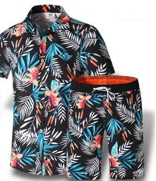 

designer short sleeve mens sets fashion print handsome clothing mens loose casual beach 2pcs stand collar, Gray