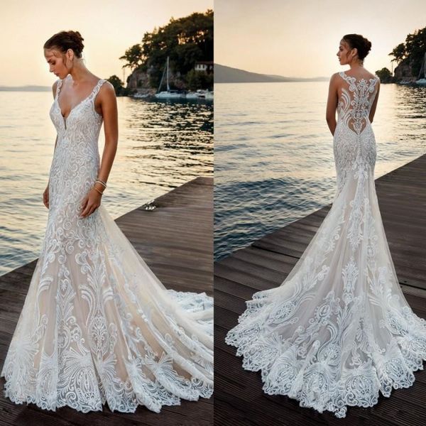 

luxury france lace applique mermaid wedding dresses 2019 v-neck full length beach seaside trumpet garden wedding bridal dress, White