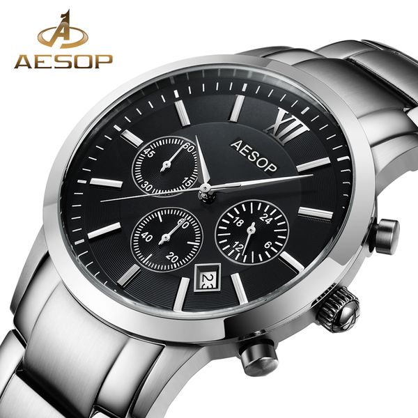 

aesop watch men luxury sport quartz men's wristwatch clock male watches men auto date stainless steel sapphire relogio masculino, Slivery;brown