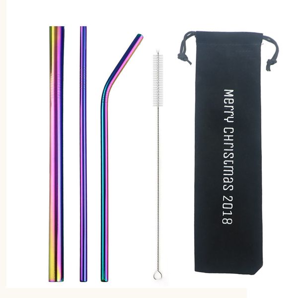 

rainbow stainless steel sorbet reusable straws bent metal drinking straw purple bubble straw with brush 5pcs bar accessories