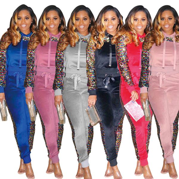 

Women Glitter Sequin Velvet Long Sleeve Hoodie Bodycon Pants Two-piece Casual Suit PNA6100