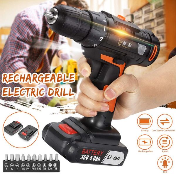 

36v 2 speed cordless rechargeable battery electric drill screwdriver + screw set for diy home and general building 1300r/min