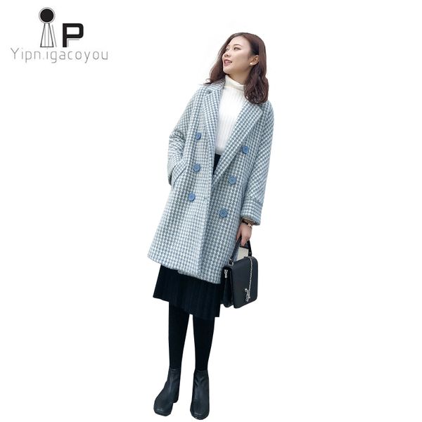 

women long wool coat 2019 autumn winter slim women houndstooth imitation mink woolen coat fabric warm ladies coats, Black