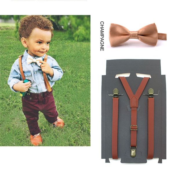 

3 clips y back kid brown tan leather suspender and bow tie ring bearer bowtie set birthday outfit 80*1.5cm adjustable, Black;white