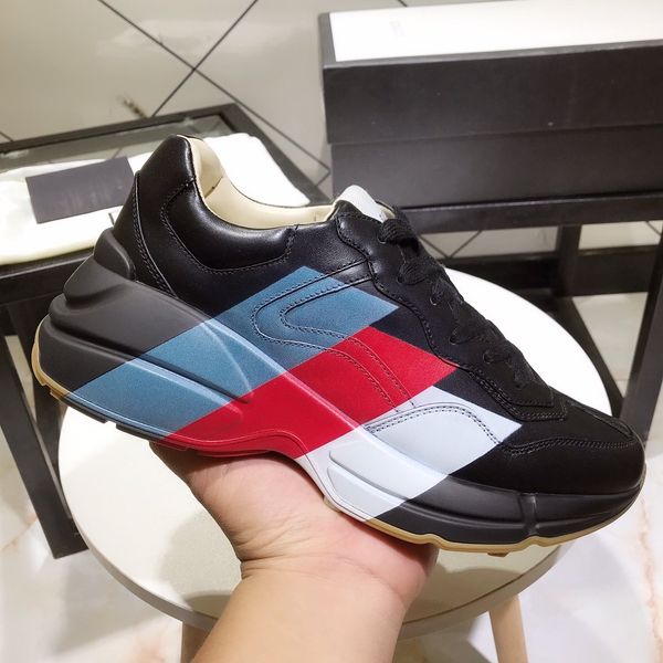 

rhyton leather sneaker mens designer shoes with strawberry wave mouth tiger web print luxury vintage trainer women designer shoes, Black