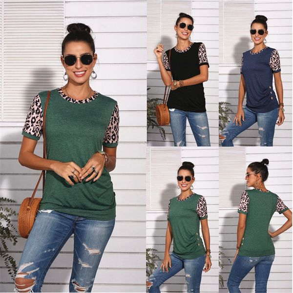 

2020 new summer women's leopard short sleeve splicing women's t-shirt round neck fashion casual top, White
