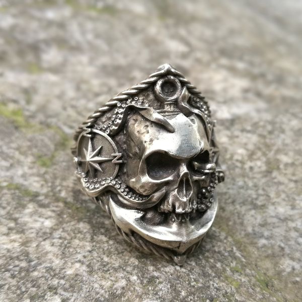 

eyhimd pirate anchor compass biker rings men's gothic skull stainless steel ring punk rock jewelry, Silver