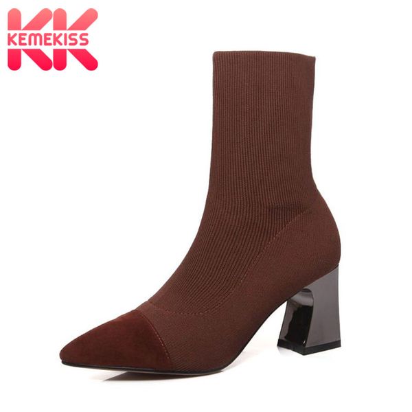 

kemekiss women mid calf boots real leather knitting winter shoes for women casual pointed toe office high heel boots size 33-41, Black