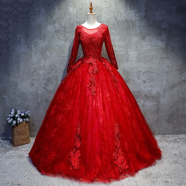 

2019 red long sleeve appliques beading ball gown quinceanera dresses plus size sweet 16 dresses debutante 15 year formal party dress bq137, Blue;red