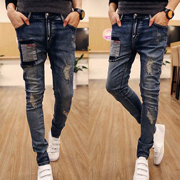 

canis fashion male ripped skinny jeans men biker jeans destroyed frayed slim fit denim pants jean homme, Blue