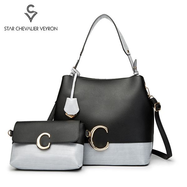 

2pcs leather simple splicing women shouder bag totes female clutch 2020 new women shoulder handbags stereotype package bolsa sac