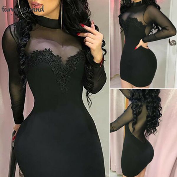 

women dresses applique evening see through party mesh spliced short kimono sleeve mini pencil dress summer long sleeve, Black;gray
