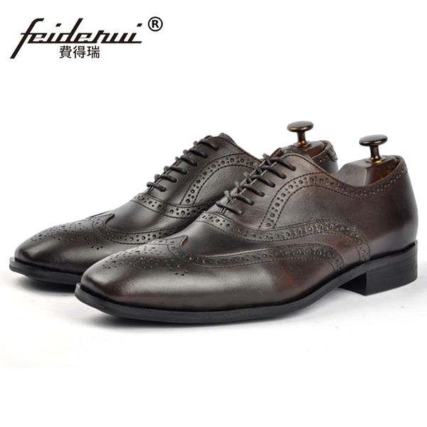 

man handmade party wedding shoes genuine leather men's square toe laces banquet wingtip brogue footwear gs120, Black