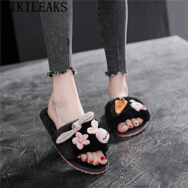 

slippers ladies cute winter bedroom home big size 42 plush women fur fashion female shoes for, Black