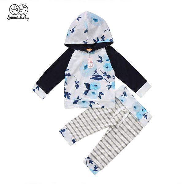 

lovely toddler newborn baby girl clothes set sweatshirt long sleeve flower hooded t-shirt striped pants clothing outfits, Pink;blue