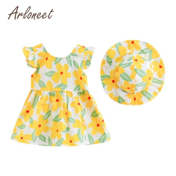 

girl's dresses arloneet 2pcs children girls sleeveless dress ruffles flower print hat backless summer kids party princess, Red;yellow