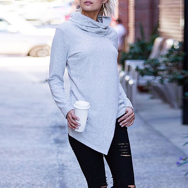 

women autumn winter pullover hoodies solid long sleeve irregular jumper loose knitted for ladies casual coat femme, Black