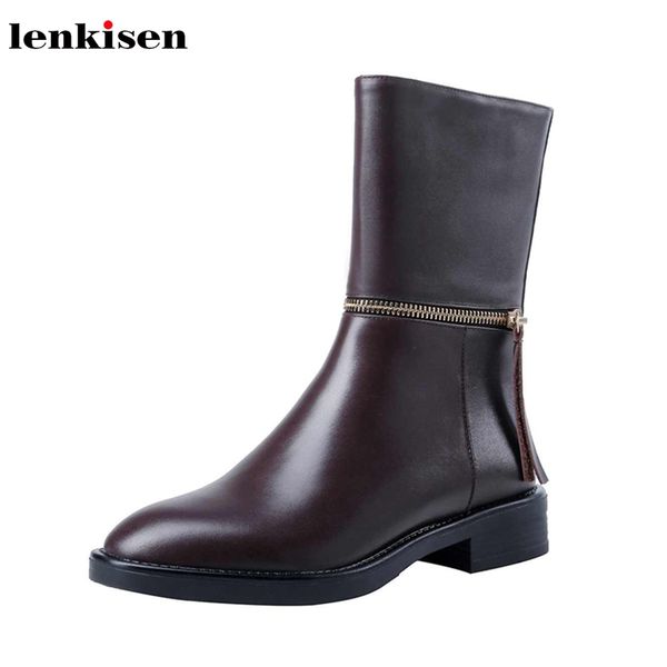 

lenkisen design metal zipper decorations genuine leather round toe med heels beauty lady winter warm women mid-calf boots l6f8, Black