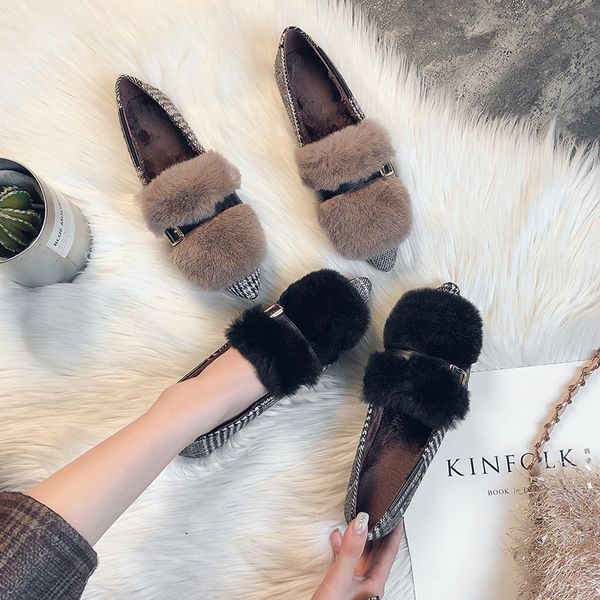 

shoes woman flats loafers with fur 2019 fashion women's autumn casual female sneakers all-match pointed toe dress slip-on modis, Black