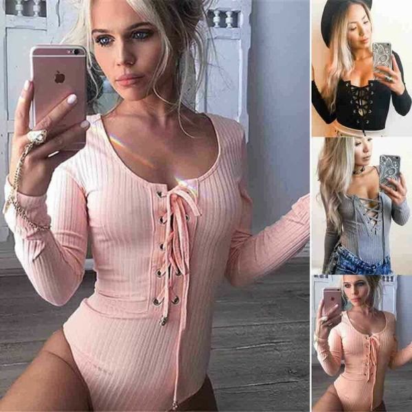 

women ladies long sleeve v neck solid color hollow out lace up slim skinny bodysuits knitted stretch fashion basic leotard, White;black