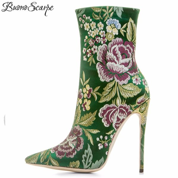 

buonoscarpe lady high heels 12cm fashion shoes woman embroidery flowers party shoes stilettos ankle boots big size 40-43, Black