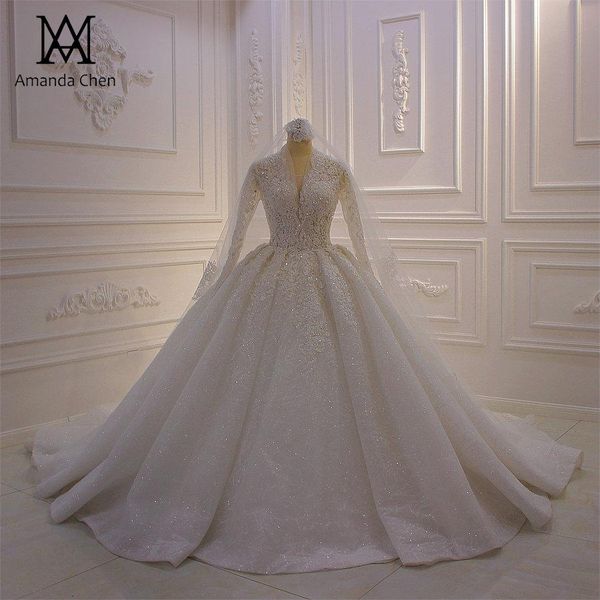 

2020 high neck sequined бисером бальное платье свадебное платье vintage арабский дубай кристалл плюс размер длинные рукава свадебное платье, White