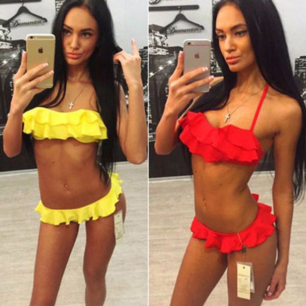 

women swimsuit bandage halter bikini set push-up padded bra bathing suit solid color swimwear low waist ruffles beachwear