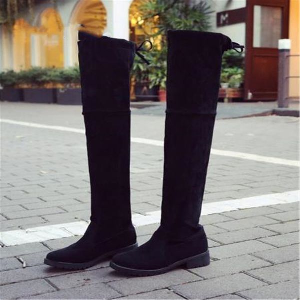 

2019 spring/autumn flock over-the-knee lace-up over knee boots round toe increased suede women's boots, Black