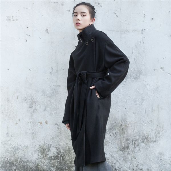 

lanmrem] 2019 autumn and winter new products fashion black turtleneck tie with long warmth over the knee wool coat pa195