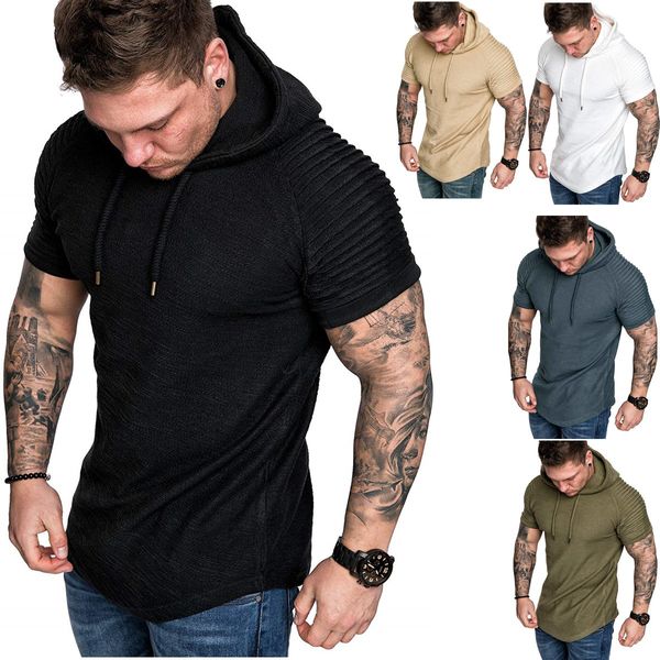 

Mens Draped Hooded Tshirts Summer Solid Color Fitness Sports Work Out Tees Short Sleeved Tops