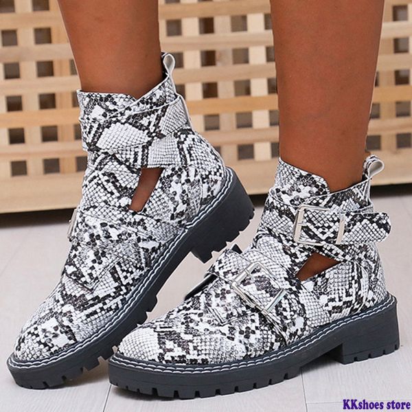 

winter women ankle boots snake leather platform square heel rivet buckle straps punk zipper black biker zapatos de mujer