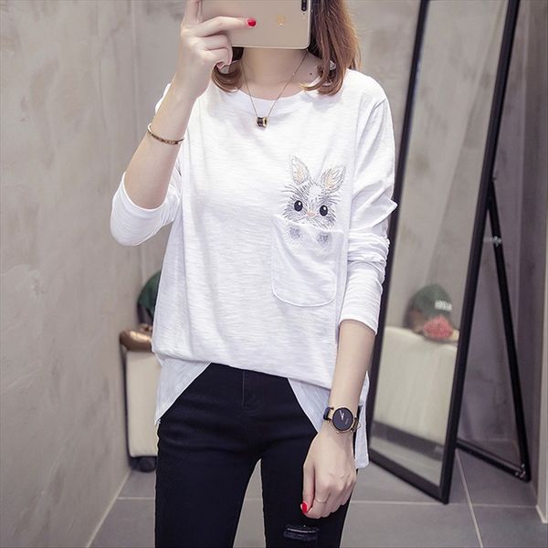 

autumn cartoon super cute pocket embroidered rabbit loose large size bamboo cotton long sleeve t-shirt base shirt, White