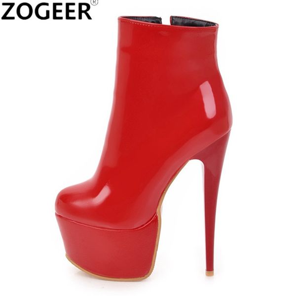 

plus size 48 fashion ankle boots women pu leather short boots lady extreme high heels platform boots party red shoes woman t200425, Black