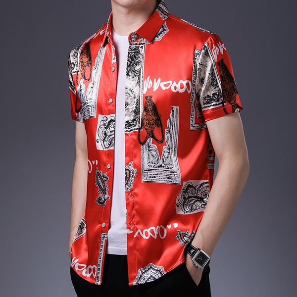 Camicia di seta maschile Estate stampa floreale abiti di seta Moda uomo stampa camicie eleganti in raso manica corta1226S
