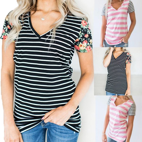 

women's casual t shirts stitching striped short sleeved v-neck in black pink blue dropshipping, White