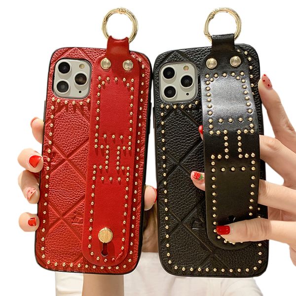 

shockproof embossing leather phone case with strap kickstand luxury designer rivet leather phone covers for iphone 11/11pro/11 pro max/xr/xs