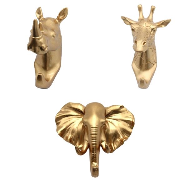 

3pcs resin animal head hook hanger rack wall mount home decor gold