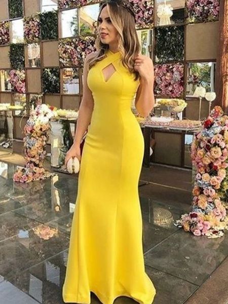 Желтые вечерние платья для женщин Холтер Эластичный шелк, как атласное платье выпускного вечера Новый стиль PROM вечерние платья